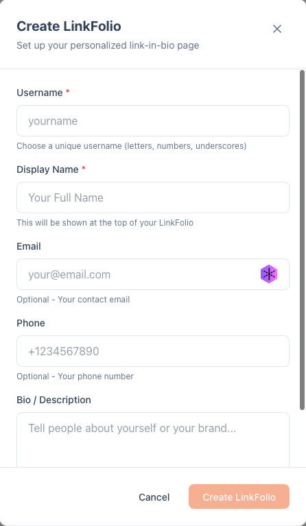 Screenshot 2026 06 21 at 15 58 37 AI Powered LinkFolio   Create and Manage Your Digital Profiles Smart Link in Bio Tool
